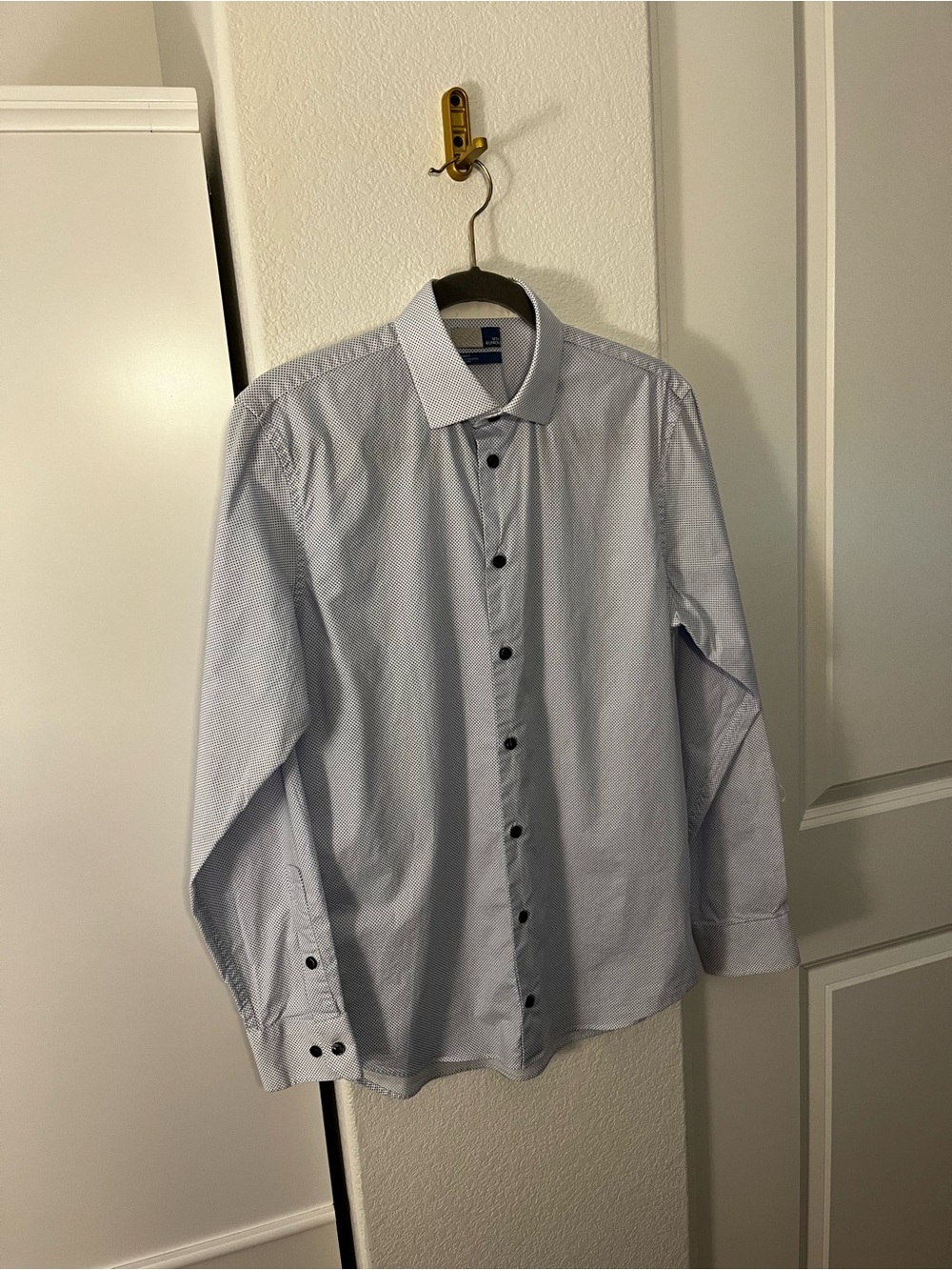 14th & Union Men’s White Trim Fit Dress Shirt S Blue Polka Dot Stretch Cotton